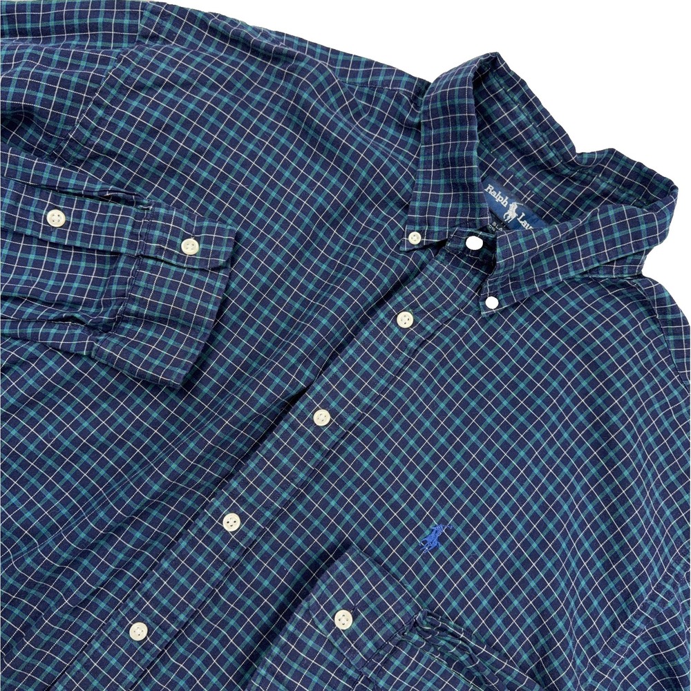 Ralph Lauren Shirt Men XL Navy Blue Plaid Button Up Blake Cotton Dress Adult A01